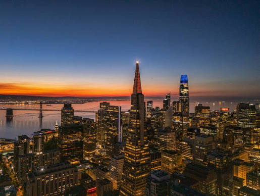 The Transamerica Pyramid and downtown San Francisco skyline at dusk